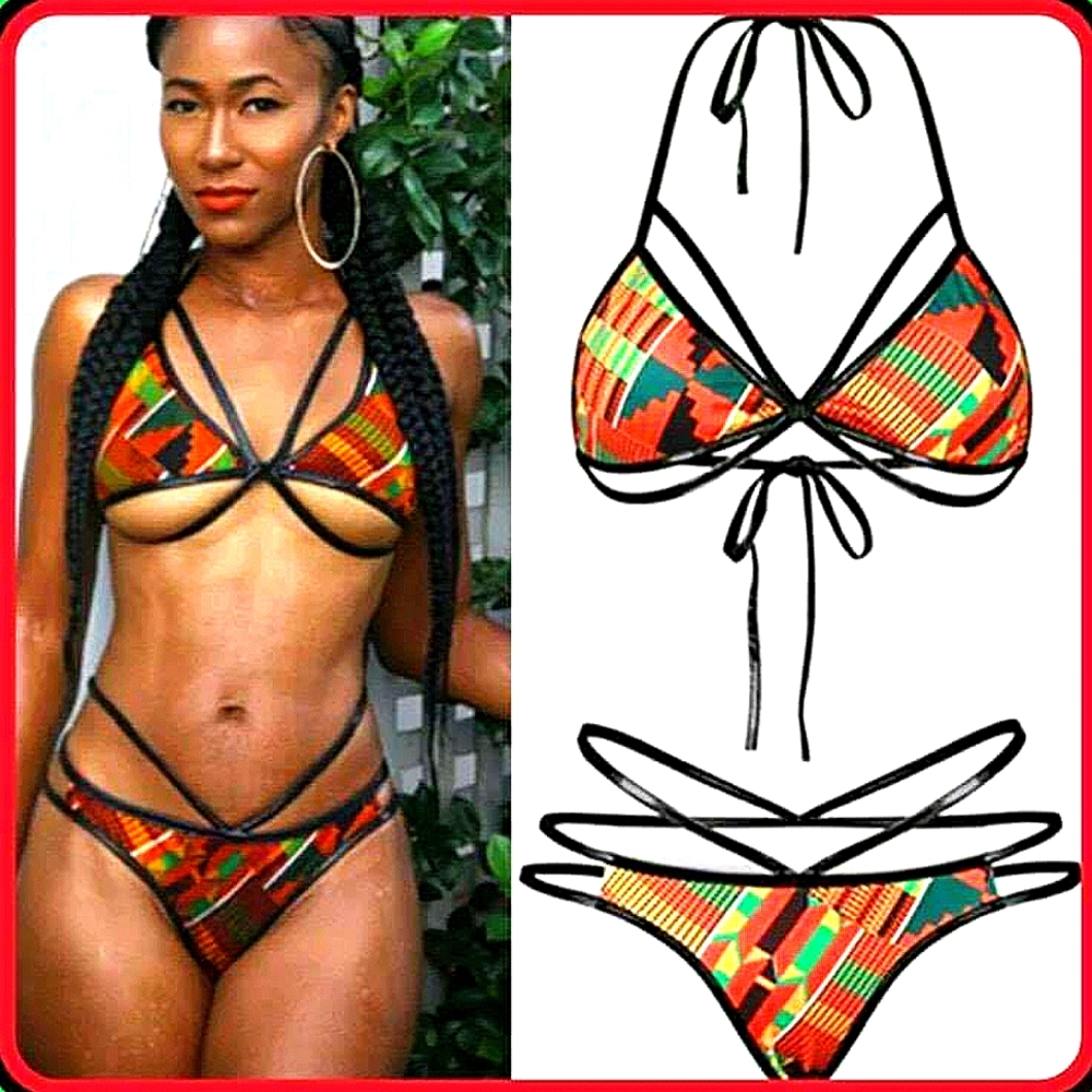 NEW! African Kente Print Bikini Set. Ethnic Tribal Cultural Swimwear. Women, XL.